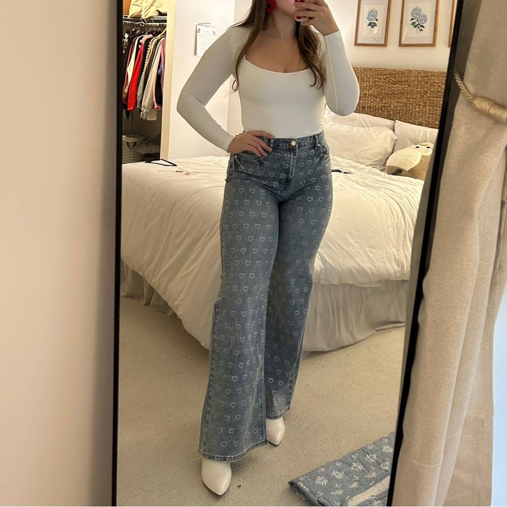 High-Rise Wide Leg Heart Print Jeans - Light Blue - Picture 5 of 5